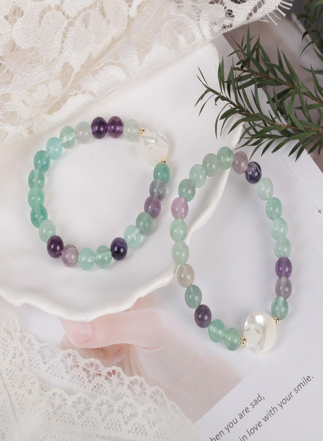 SUNYIK 7.5-8.5mm Natural Fluorite Crystal Beaded Bracelet for Women Ladies Carved White Shell Crescent Moon Hug Star Beads Stone Strand Bracelet - Image 3