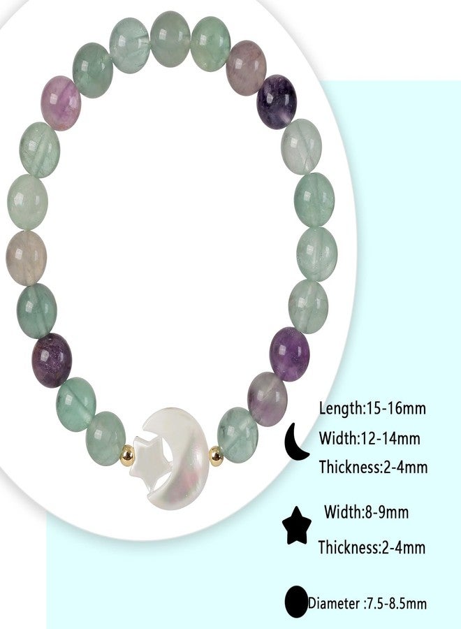SUNYIK 7.5-8.5mm Natural Fluorite Crystal Beaded Bracelet for Women Ladies Carved White Shell Crescent Moon Hug Star Beads Stone Strand Bracelet - Image 2