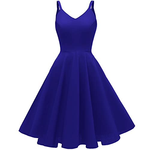 GOOBGS Women's 1950s Retro Vintage Spaghetti Strap Cocktail Swing Dresses with Pockets Royal Blue S - Image 1