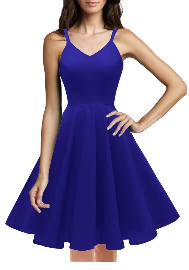 GOOBGS Women's 1950s Retro Vintage Spaghetti Strap Cocktail Swing Dresses with Pockets Royal Blue S - Image 2