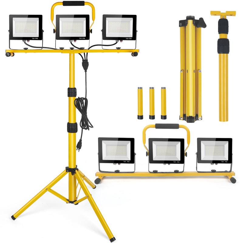 PBPHX 21000Lumen LED Work Lights with Stand - 3 Head Portable Work Light on Stand - IP66 Waterproof Tripod Worklights for Outdoor Indoor Job Site Workshop Garage Construction Site Lighting - Image 1