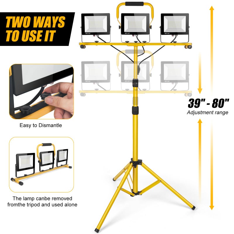 PBPHX 21000Lumen LED Work Lights with Stand - 3 Head Portable Work Light on Stand - IP66 Waterproof Tripod Worklights for Outdoor Indoor Job Site Workshop Garage Construction Site Lighting - Image 3