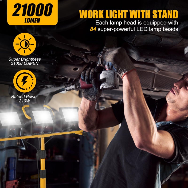 PBPHX 21000Lumen LED Work Lights with Stand - 3 Head Portable Work Light on Stand - IP66 Waterproof Tripod Worklights for Outdoor Indoor Job Site Workshop Garage Construction Site Lighting - Image 2
