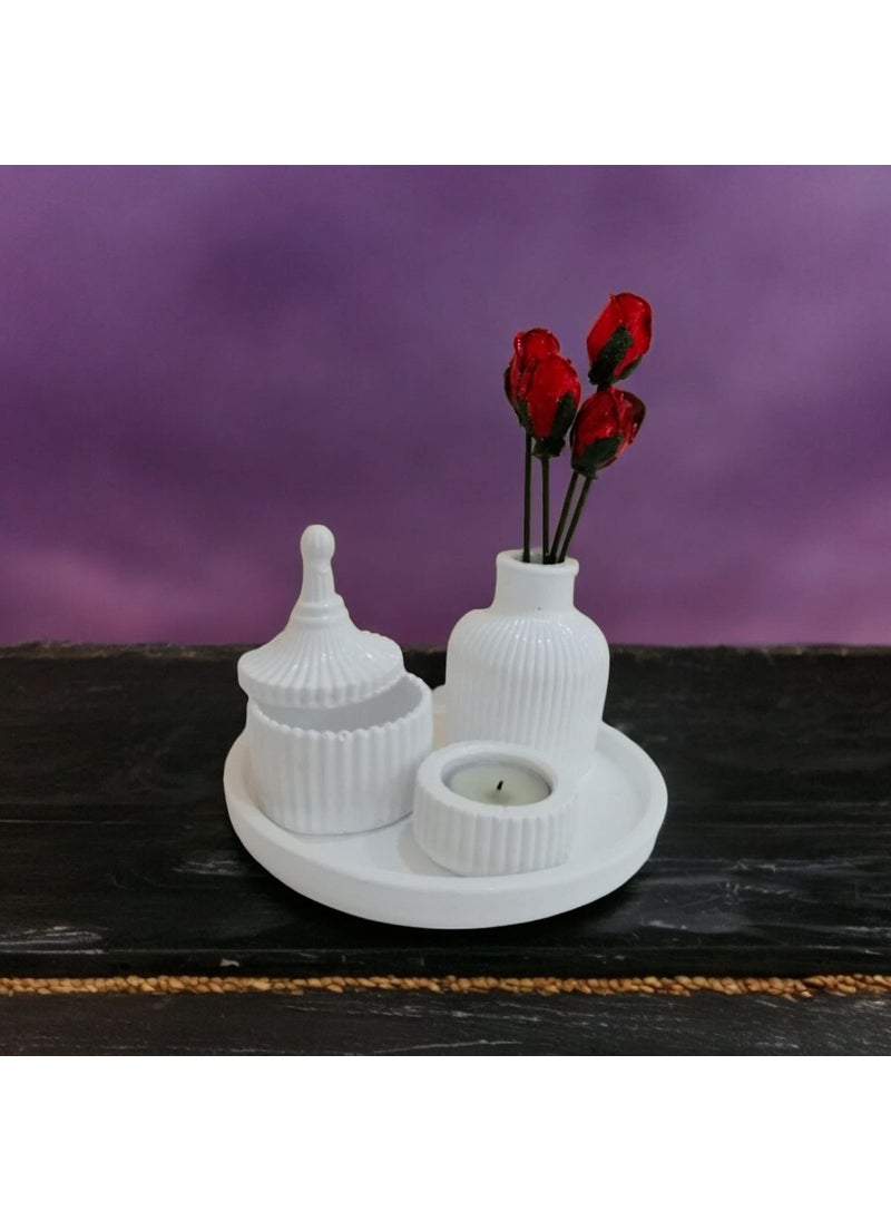 Taşdevri Life - Tasdevri Life Decorative Tray Candle Holder Set White - Image 1