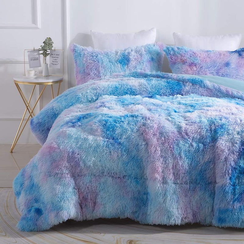 Wajade Faux Fur Plush Galaxy Blue Comforter Set Fluffy Fuzzy Shaggy Bedding Set - 3PC Full Size Microfiber Soft Warm Quilt Set - Image 1