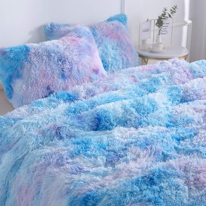 Wajade Faux Fur Plush Galaxy Blue Comforter Set Fluffy Fuzzy Shaggy Bedding Set - 3PC Full Size Microfiber Soft Warm Quilt Set - Image 2