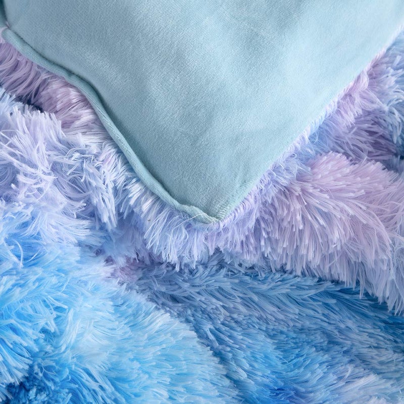 Wajade Faux Fur Plush Galaxy Blue Comforter Set Fluffy Fuzzy Shaggy Bedding Set - 3PC Full Size Microfiber Soft Warm Quilt Set - Image 5