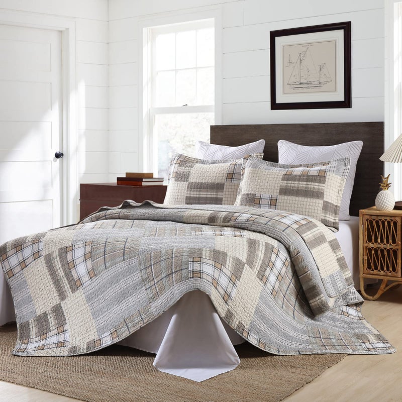 DUOHONG Quilts Queen Size - Queen Quilted Bedspread Sets, 100% Cotton Patchwork Quilt Bedding Set for Queen Bed, 3 Pieces Plaid Farmhouse Reversible Rustic Lightweight Comforter - Image 2
