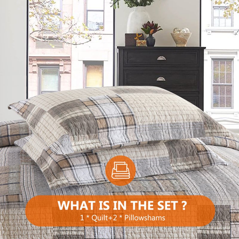 DUOHONG Quilts Queen Size - Queen Quilted Bedspread Sets, 100% Cotton Patchwork Quilt Bedding Set for Queen Bed, 3 Pieces Plaid Farmhouse Reversible Rustic Lightweight Comforter - Image 5