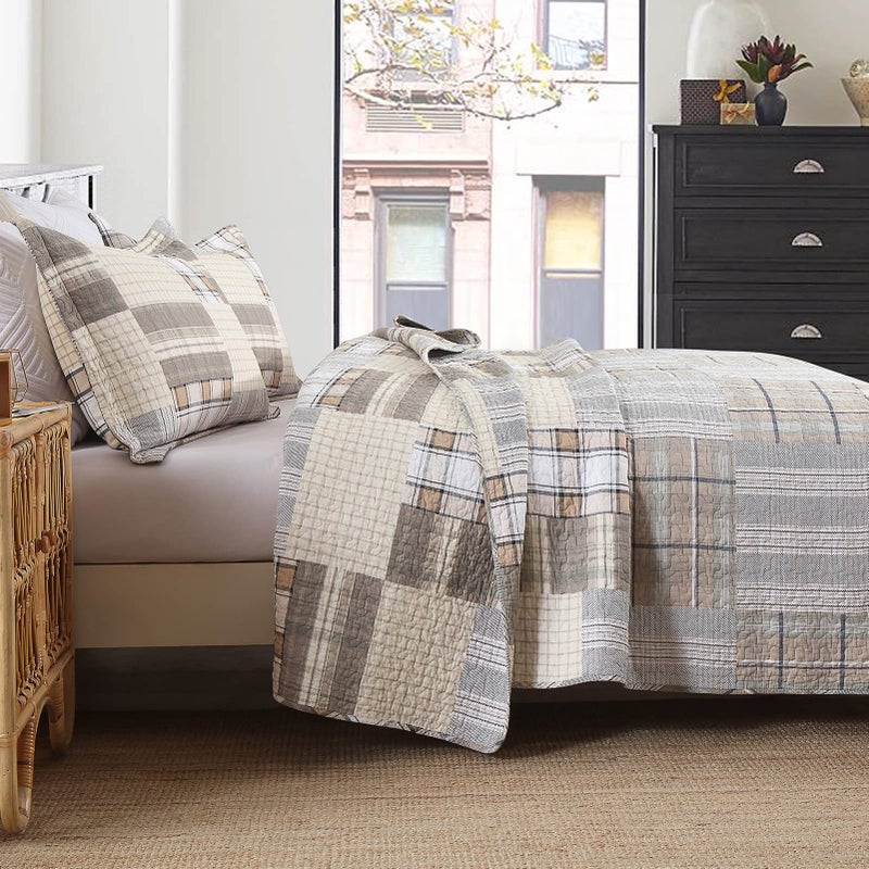 DUOHONG Quilts Queen Size - Queen Quilted Bedspread Sets, 100% Cotton Patchwork Quilt Bedding Set for Queen Bed, 3 Pieces Plaid Farmhouse Reversible Rustic Lightweight Comforter - Image 3
