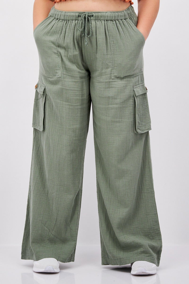 Roxy Women Regular Fit Textured Cargo Pants, Olive - Image 1