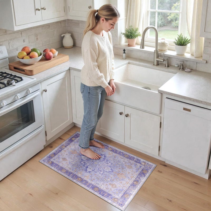 RELEANY Area Rugs 2'x8' Washable Non-Slip  Floral Vintage Distress Print Pattern Medallion Carpet for Living Room Bedroom Dining Room  Light Purple Brown - Image 2