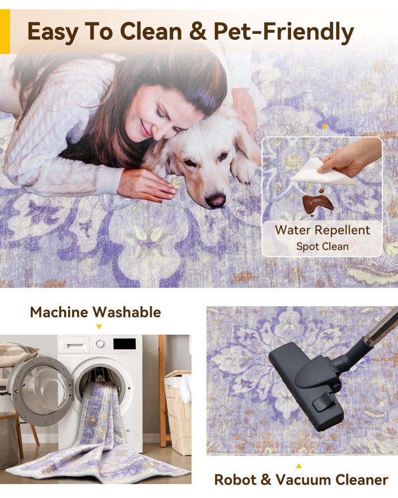 RELEANY Area Rugs 2'x8' Washable Non-Slip  Floral Vintage Distress Print Pattern Medallion Carpet for Living Room Bedroom Dining Room  Light Purple Brown - Image 4