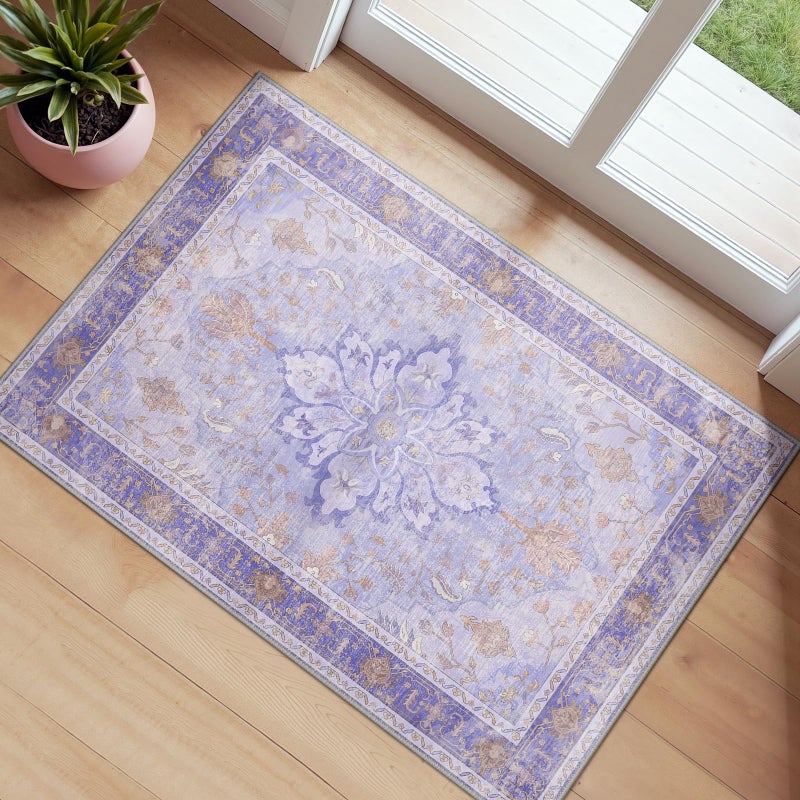 RELEANY Area Rugs 2'x8' Washable Non-Slip  Floral Vintage Distress Print Pattern Medallion Carpet for Living Room Bedroom Dining Room  Light Purple Brown - Image 1