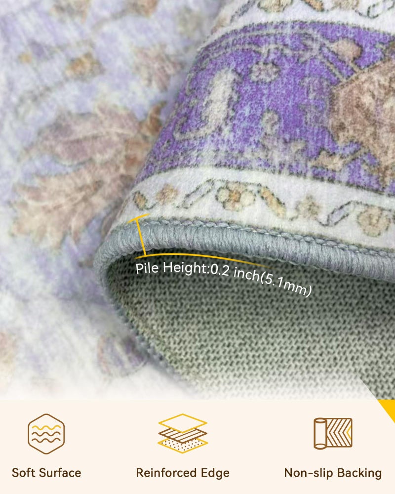 RELEANY Area Rugs 2'x8' Washable Non-Slip  Floral Vintage Distress Print Pattern Medallion Carpet for Living Room Bedroom Dining Room  Light Purple Brown - Image 3