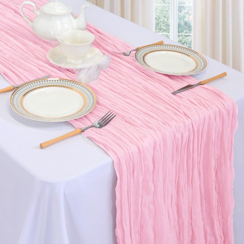 pepmily 6 Pack Pink Table Runner 10ft Boho Gauze Fabric Cheesecloth Table Runner 35 x 120 Inch Rustic Sheer Runner for Romantic Wedding Centerpiece Decor Baby Shower Party Table Decoration - Image 3