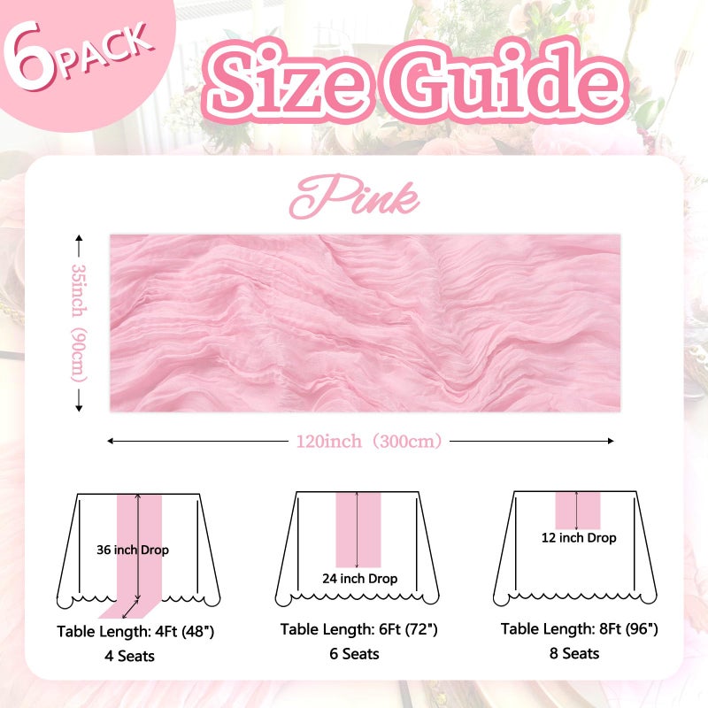 pepmily 6 Pack Pink Table Runner 10ft Boho Gauze Fabric Cheesecloth Table Runner 35 x 120 Inch Rustic Sheer Runner for Romantic Wedding Centerpiece Decor Baby Shower Party Table Decoration - Image 2