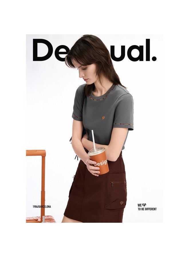 DESIGUAL women's Round Neck T-shirt With Colorful Topstitch Heart Embroidery - Spring/summer 2025 Collection - Image 2