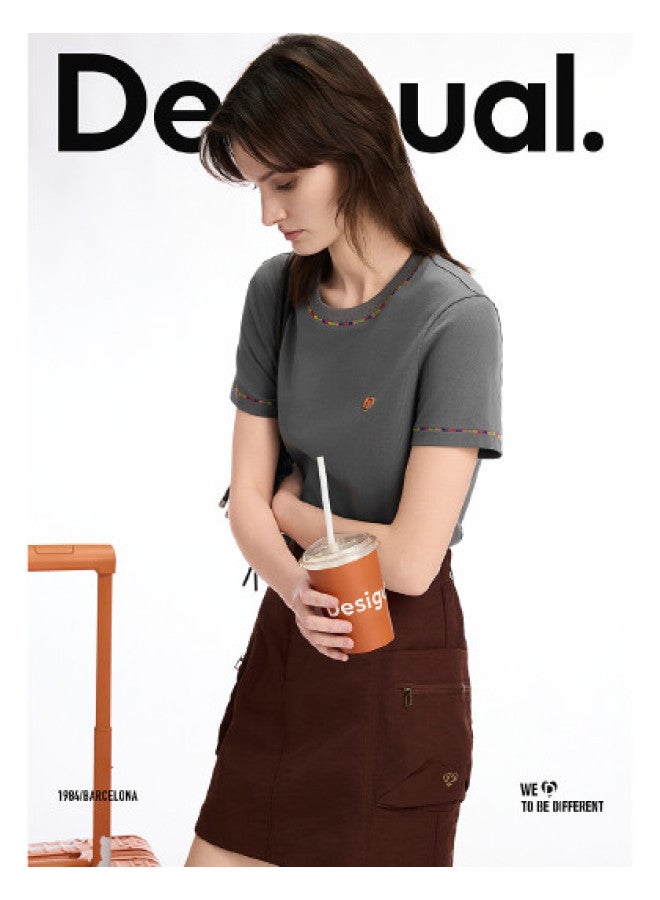 DESIGUAL women's Round Neck T-shirt With Colorful Topstitch Heart Embroidery - Spring/summer 2025 Collection - Image 1