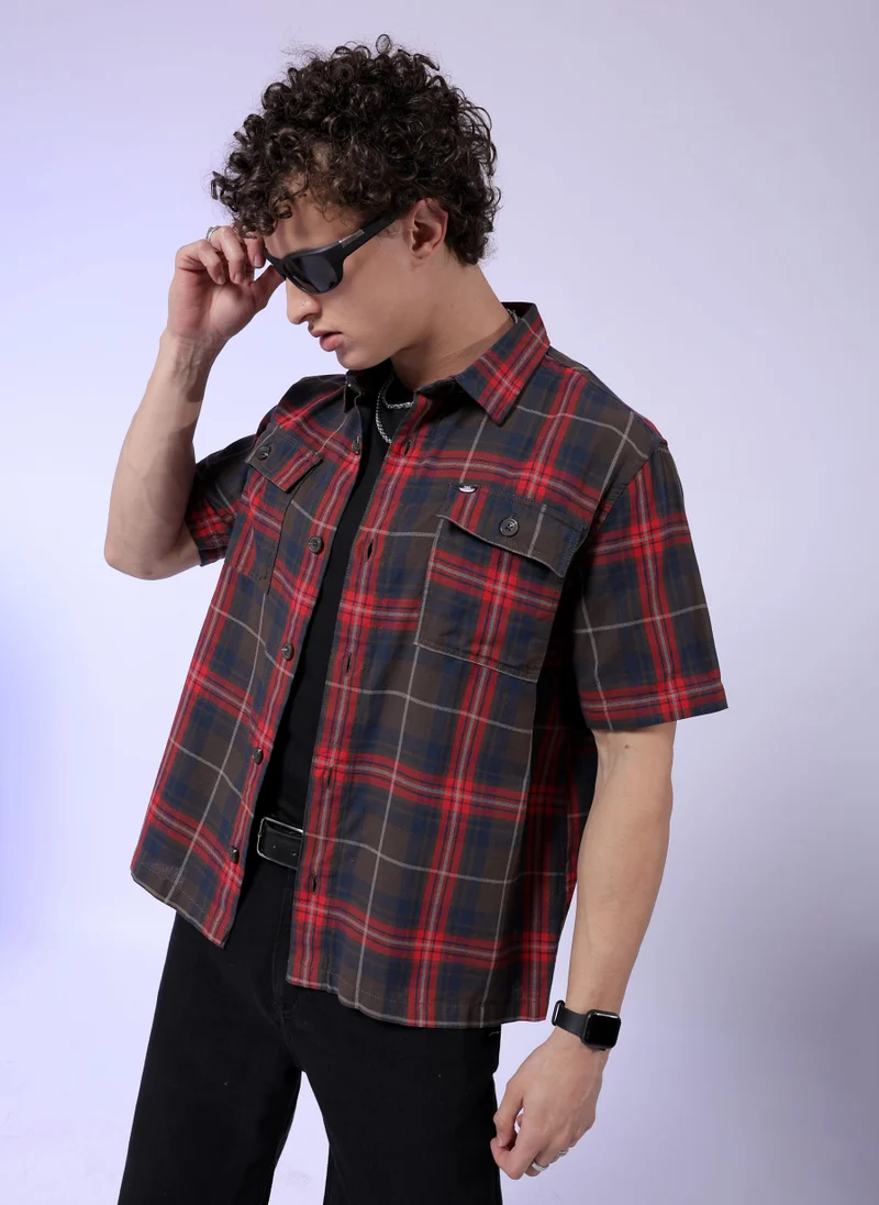 Men Boxy Fit Checkered Half Sleeves Cuban Collar Double Flap Pocket Street Wear Over Shirt