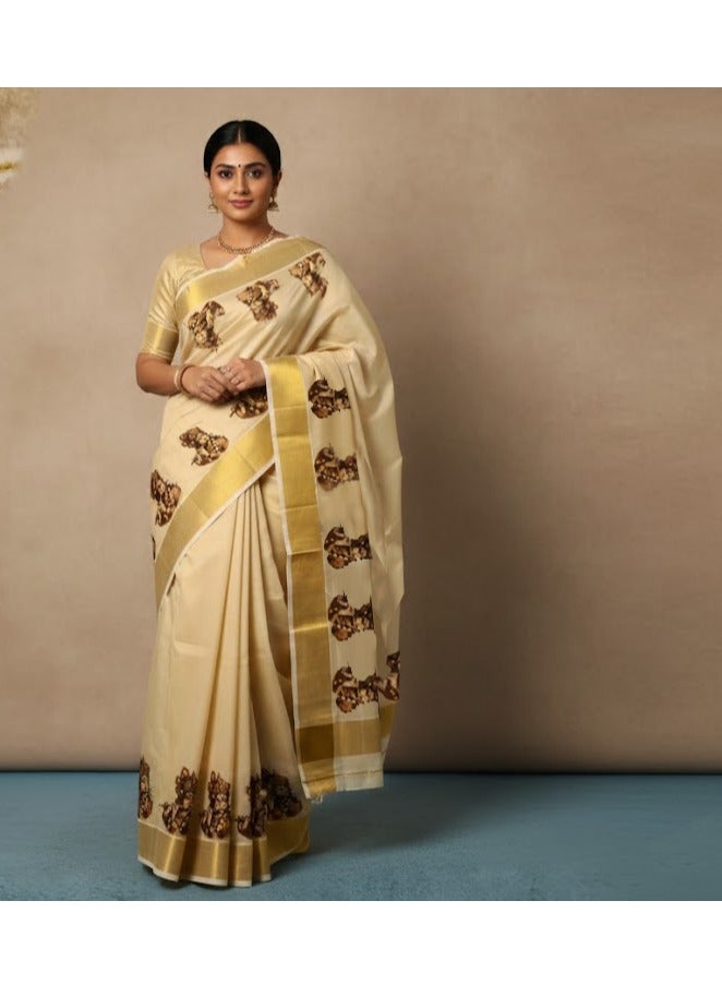 A.M Traditional Kerala Kasavu saree featuring painted mural art - Image 1