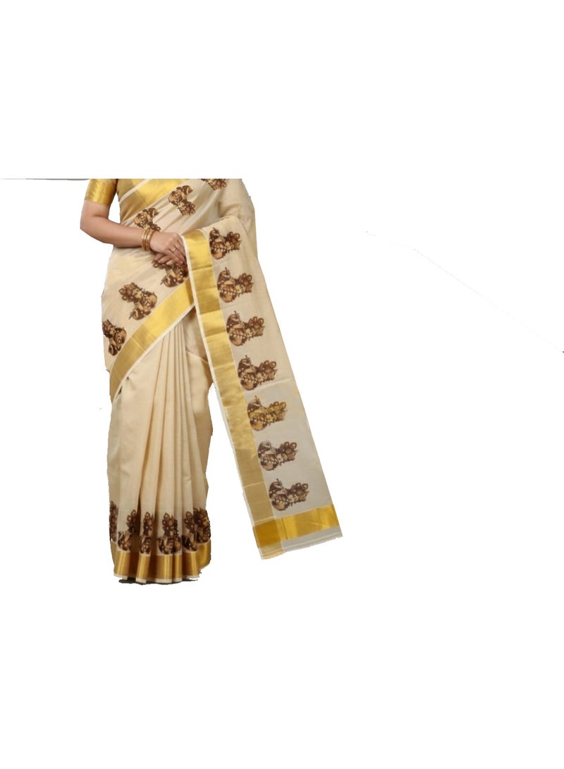 A.M Traditional Kerala Kasavu saree featuring painted mural art - Image 5
