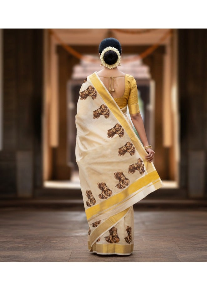 A.M Traditional Kerala Kasavu saree featuring painted mural art - Image 2