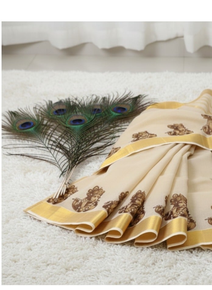 A.M Traditional Kerala Kasavu saree featuring painted mural art - Image 4