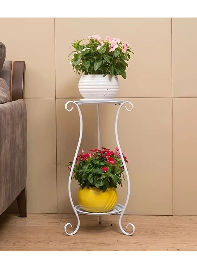 Generic Metal plant stand for flower pots, beautiful and elegant classic design consisting of 2 shelves that add a beautiful decoration and touch to visual enjoyment. It is included in most interior or exterior decorations at the entrance to the house, in the outdoor yard, in the garden, in the corner of the balcony, in the living room, or in the corridors of homes, chalets, rest houses, hotels, restaurants and cafes. White color.  - Image 1