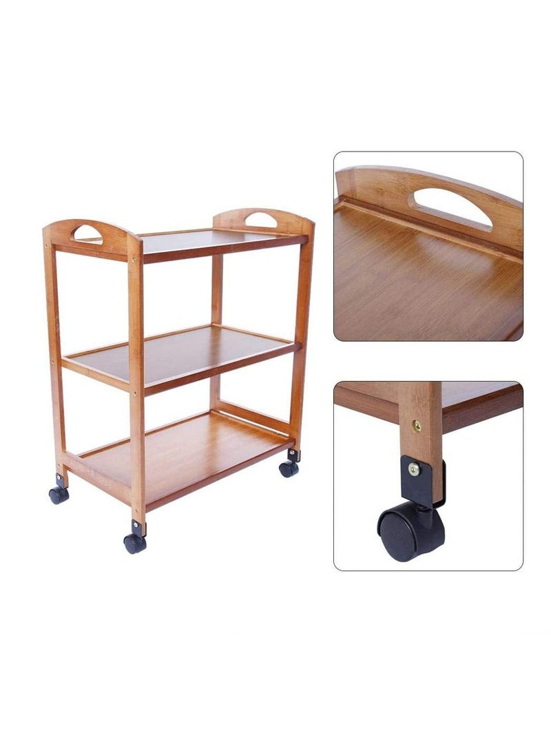 LINGWEI Bamboo Kitchen Trolley 3 Tier Kitchen Storage Rack Serving Trolley Island Cart with Rotating Wheels  - Image 3