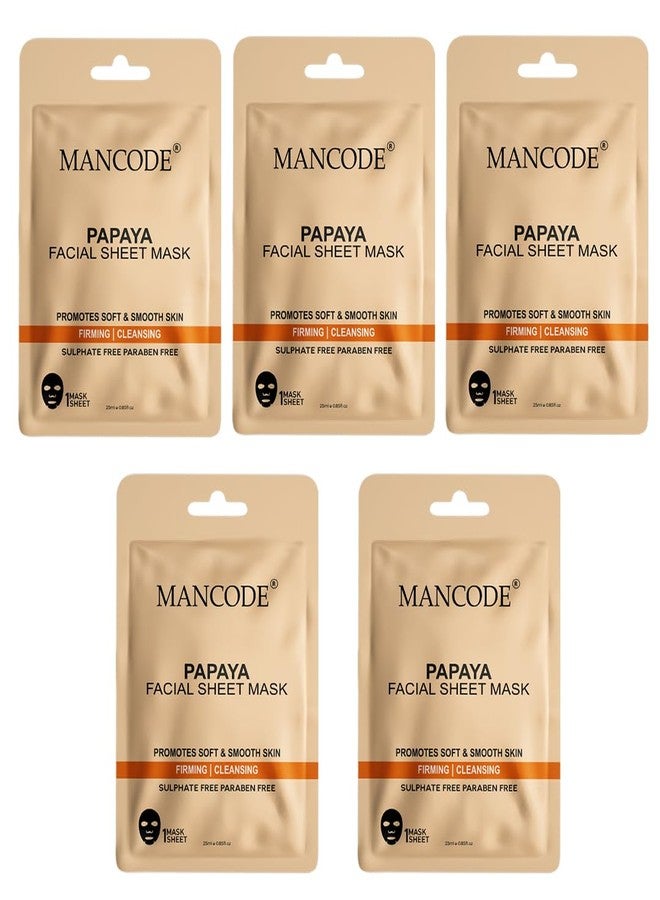 MAN CODE Mancode Papaya Facial Sheet Mask 25ml Promotes Soft and Smooth Skin Firming Cleansing Pore Reducing Brightening and Enhances Daily Glow Korean Sheet Mask for Men Women Sheet Mask Set Combo Pack of 5 - Image 1