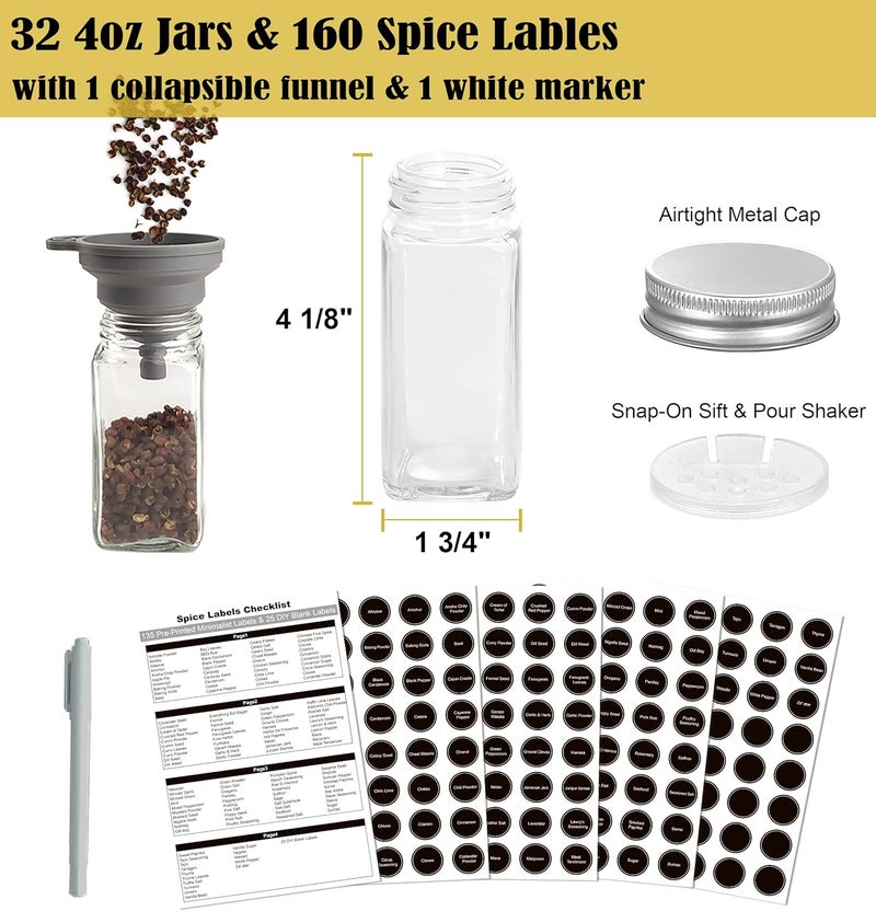Ardier 4 Tier Spice Rack Organizer with 32 Square Spice Jars and 160 Spice Labels Set for Kitchen Cabinet Countertop Pantry or Wall Mount, Matte Black - Image 3
