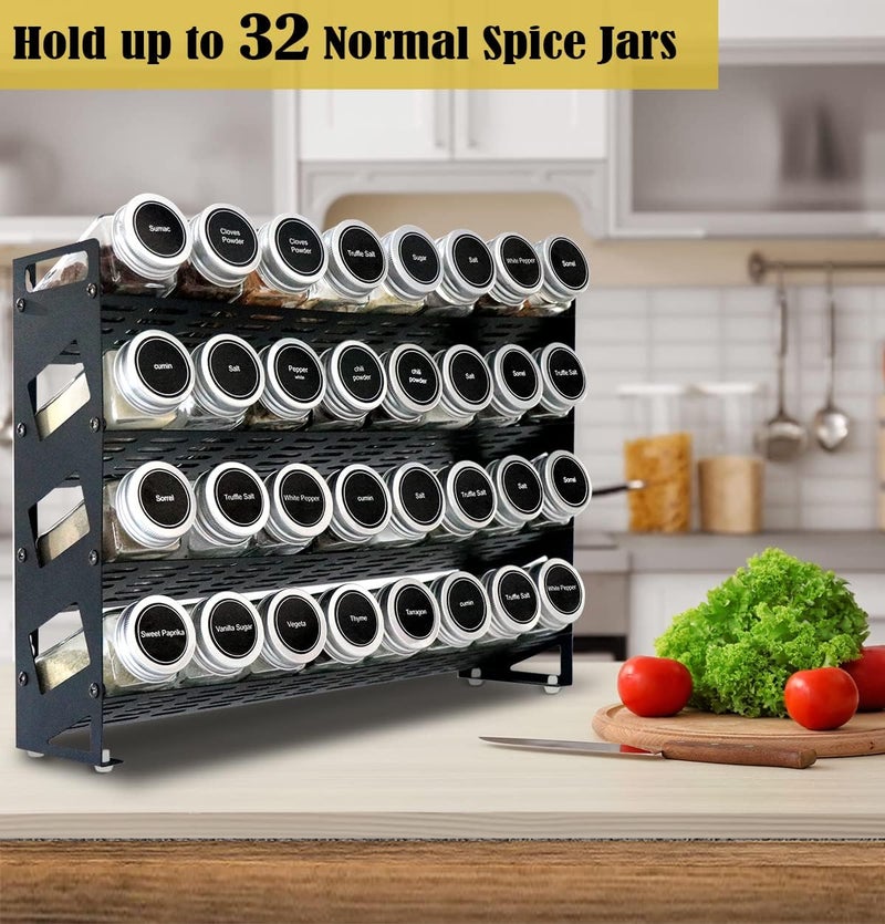 Ardier 4 Tier Spice Rack Organizer with 32 Square Spice Jars and 160 Spice Labels Set for Kitchen Cabinet Countertop Pantry or Wall Mount, Matte Black - Image 2