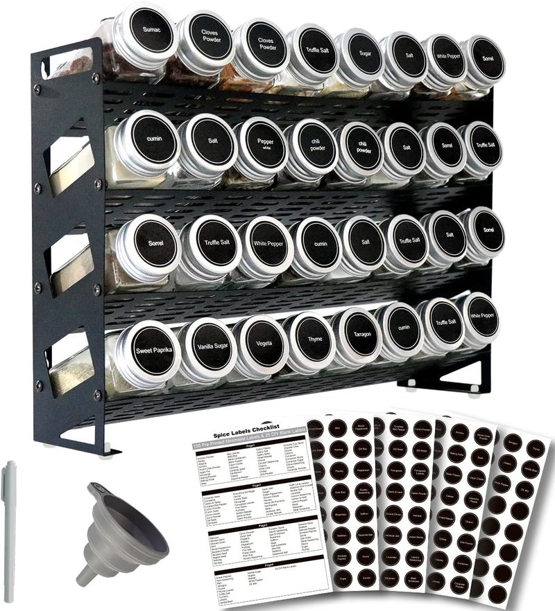 Ardier 4 Tier Spice Rack Organizer with 32 Square Spice Jars and 160 Spice Labels Set for Kitchen Cabinet Countertop Pantry or Wall Mount, Matte Black - Image 1