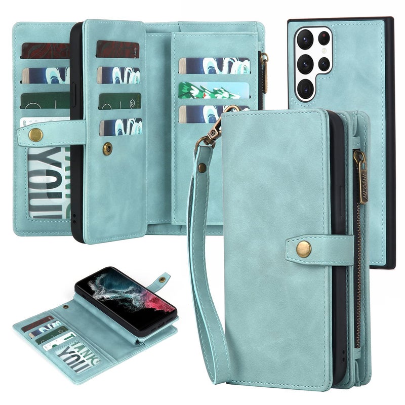 TwoHead for Samsung Galaxy S22 Ultra Wallet Case with Card Holder & Detachable Magnetic Phone Case, Leather All-Round Protection Wallet Phone Case for Women Men,6.8in,Blue - Image 1