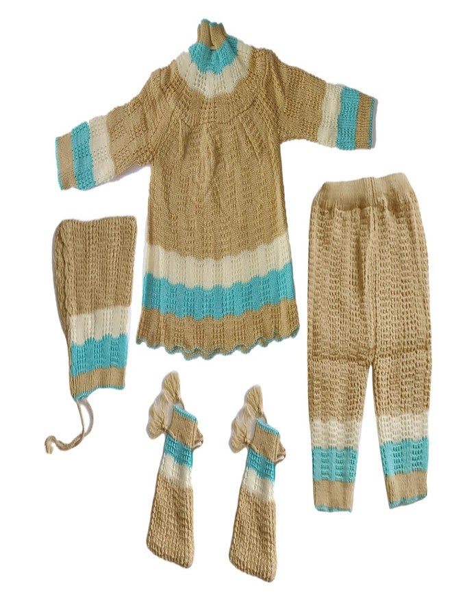 Cute Collection-Hand Knitted Woolen Frocks with Pyjami & Cap & Booties for New Born Baby Girls (6-12 Months) Brown - Image 2