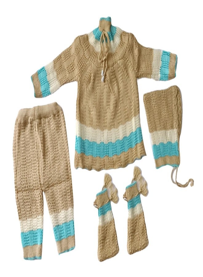 Cute Collection-Hand Knitted Woolen Frocks with Pyjami & Cap & Booties for New Born Baby Girls (6-12 Months) Brown - Image 1