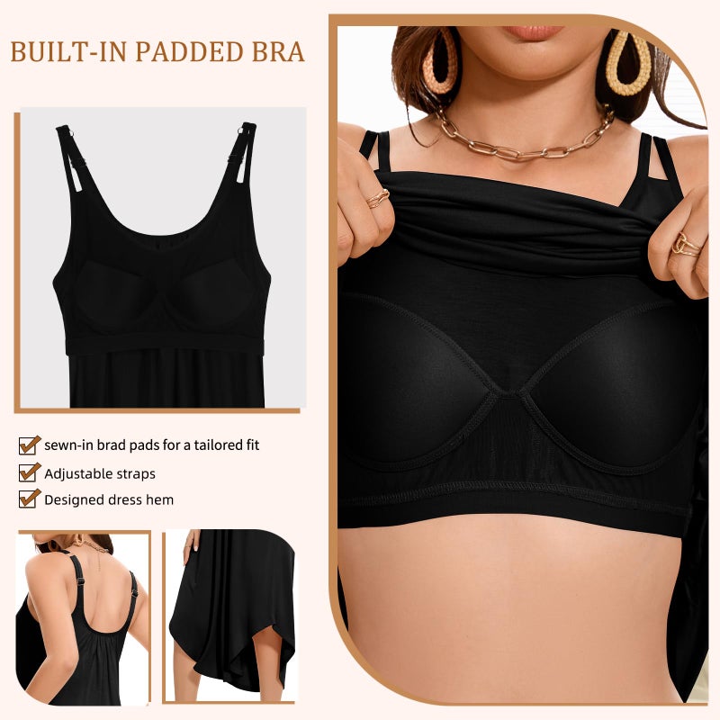 JOYSHAPER Built in Bra Summer Maxi Dresses Casual Sundress Beach Dress Vacation Dress with Pockets Pure Black - Image 4