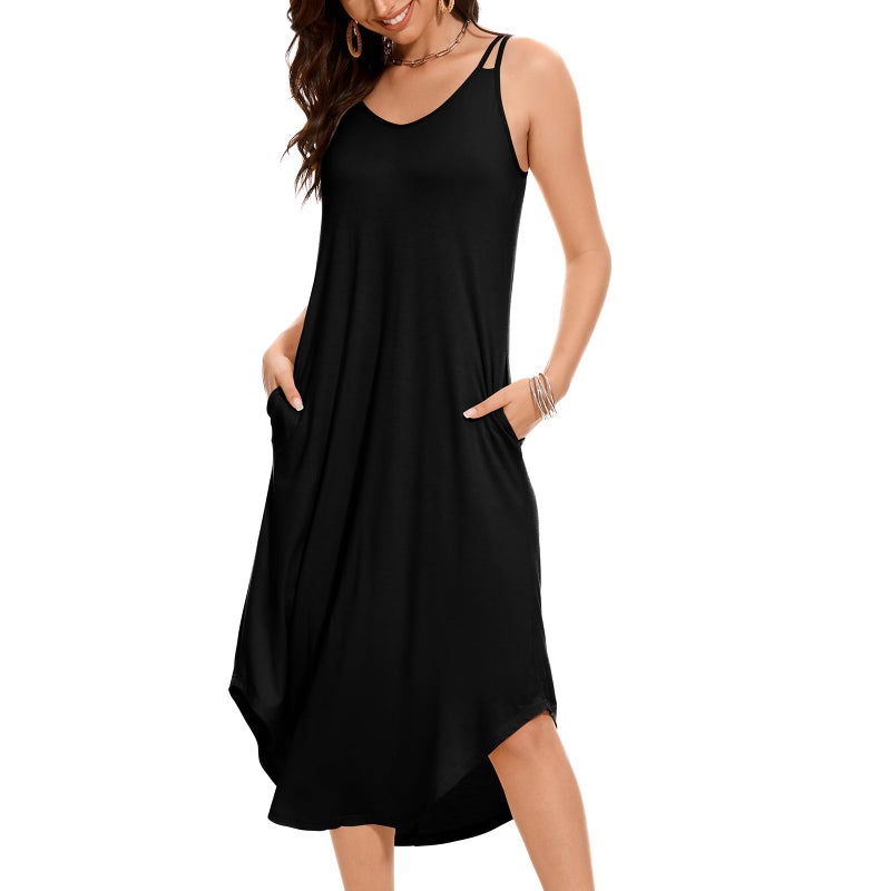 JOYSHAPER Built in Bra Summer Maxi Dresses Casual Sundress Beach Dress Vacation Dress with Pockets Pure Black - Image 5