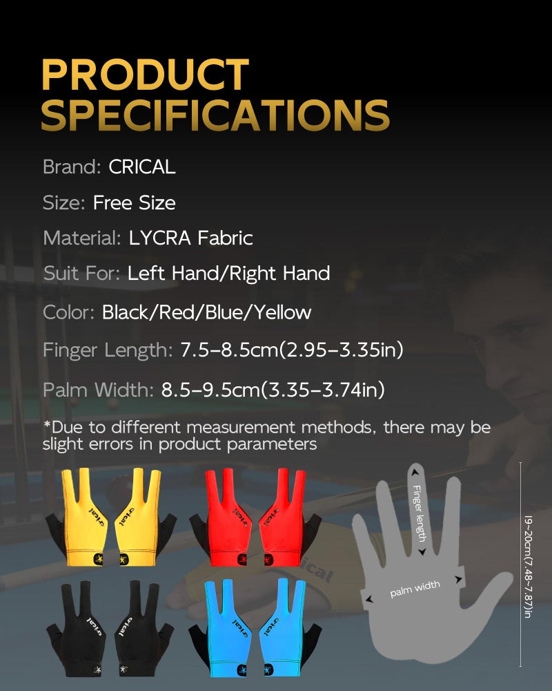 CRICAL Professional Billiard Glove for Pool, 3-Finger Design with Thick Lycra & Non-Slip Grip for Men and Women, Billiard Cue Accessories for Improved Control and Practice - Image 2