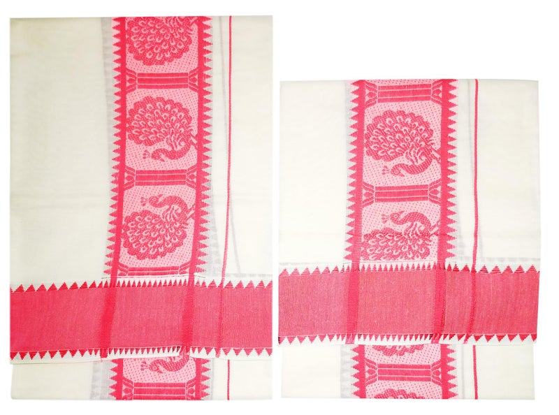 YETTALAN® Women's Kerala Traditional Cotton Set Mundu with Self Jacquard Work 2.80&2.00 Mtr (Rose Peacock) - Image 2