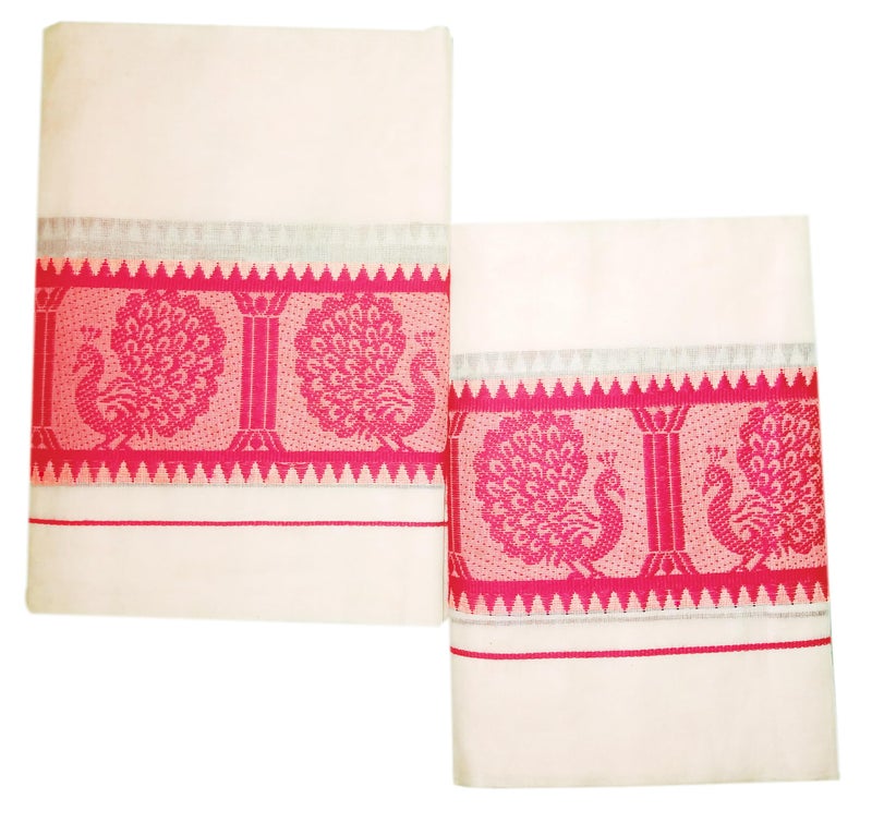 YETTALAN® Women's Kerala Traditional Cotton Set Mundu with Self Jacquard Work 2.80&2.00 Mtr (Rose Peacock) - Image 4