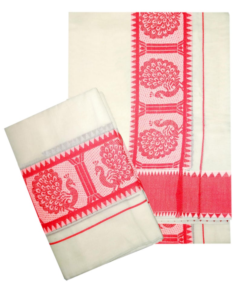 YETTALAN® Women's Kerala Traditional Cotton Set Mundu with Self Jacquard Work 2.80&2.00 Mtr (Rose Peacock) - Image 1