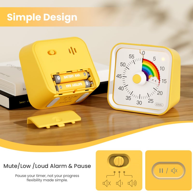 InfPokid Visual Timer for Kids with Pause Function, Cute Silent Timer with Rainbow for Classroom, Teaching, Task, Kitchen, 60 Minute Countdown Time Management for ADHD (Rainbow Yellow) - Image 5