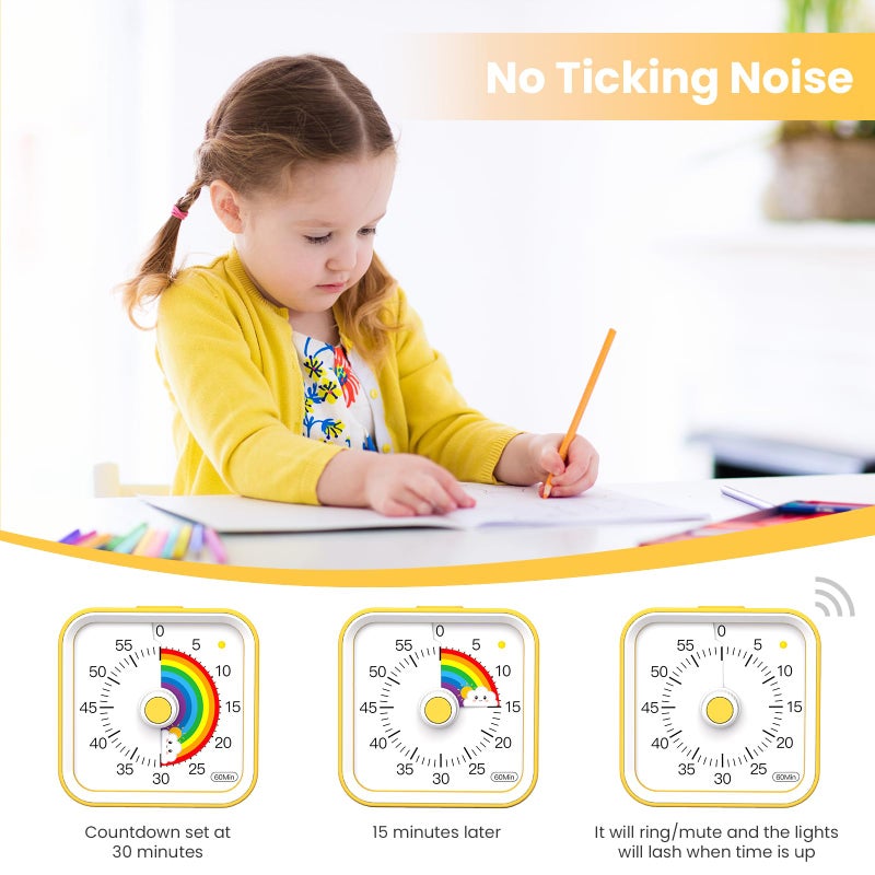 InfPokid Visual Timer for Kids with Pause Function, Cute Silent Timer with Rainbow for Classroom, Teaching, Task, Kitchen, 60 Minute Countdown Time Management for ADHD (Rainbow Yellow) - Image 3