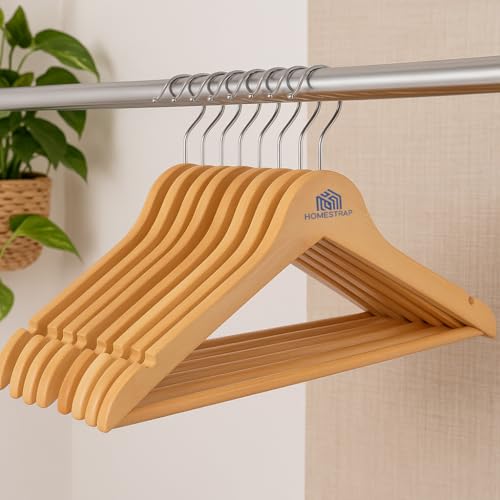 Homestrap Premium Round Bar Wooden Hanger (Pack of 8)| Durable Wooden Garment Hangers with Cut Notches & 360 Degree Swivel Chrome Hook for Hanging Heavy Clothes - Image 1