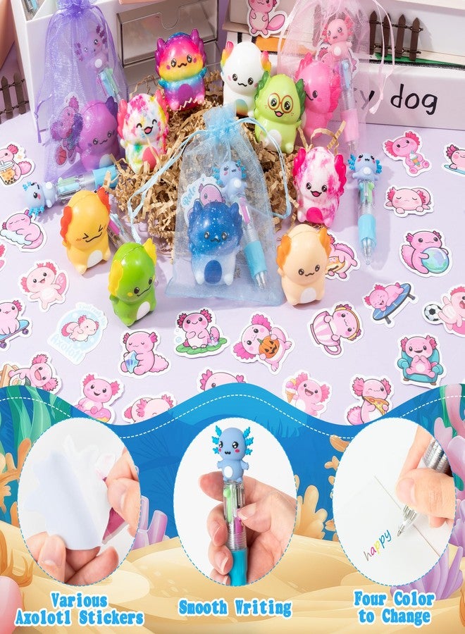 CY2SIDE 12 Pack Axolotl Squeeze Toys Party Favor Gift Set, Included Random Slow Rising Squishy Toys 4-in-1 Ballpoint Pen Cute Stickers and Organza Bag, Axolotl Party Goodie Bag Fillers for Kids Reward - Image 3