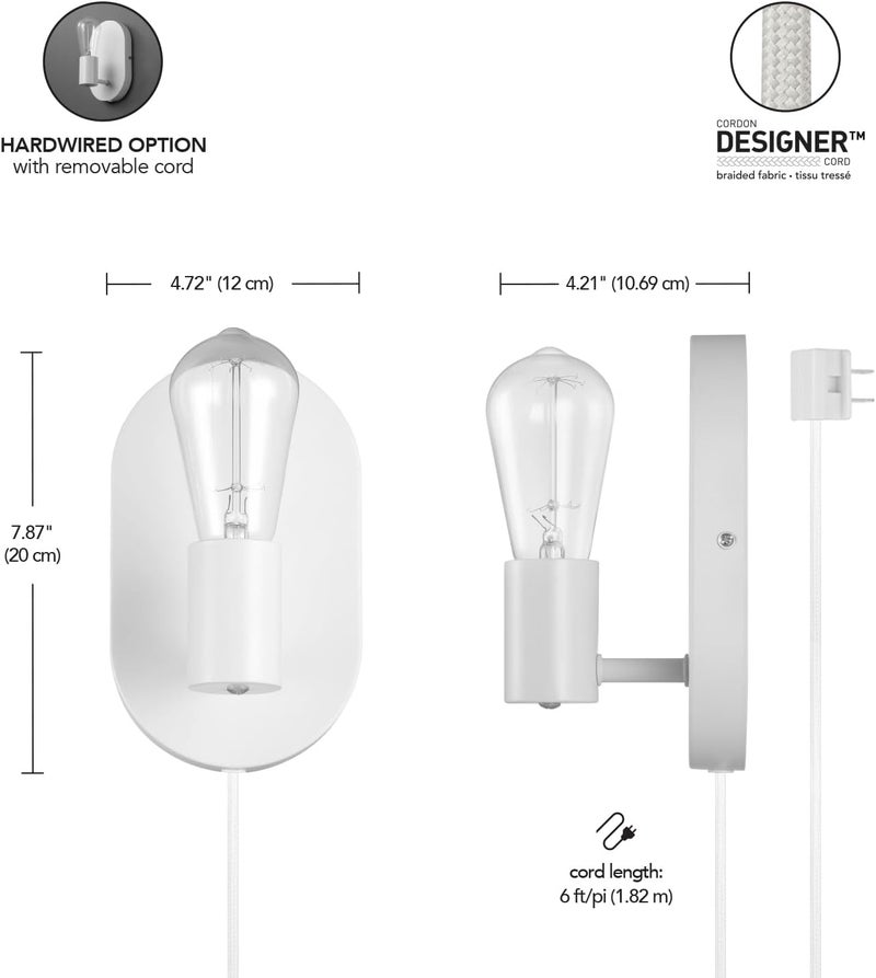 Globe Electric 65000134 مصباح جداري بلمبة واحدة يعمل بالتيار الكهربائي أو التوصيل، أبيض غير لامع، سلك قماش أبيض بطول 6 أقدام، مفتاح تشغيل/إيقاف على شكل صخرة، غرفة نوم، غرفة معيشة، مصباح مثبت - Image 4