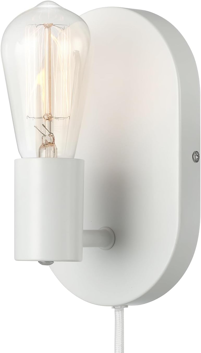 Globe Electric 65000134 مصباح جداري بلمبة واحدة يعمل بالتيار الكهربائي أو التوصيل، أبيض غير لامع، سلك قماش أبيض بطول 6 أقدام، مفتاح تشغيل/إيقاف على شكل صخرة، غرفة نوم، غرفة معيشة، مصباح مثبت - Image 1