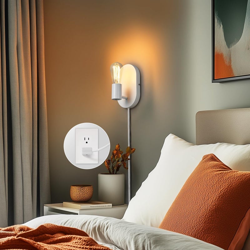Globe Electric 65000134 مصباح جداري بلمبة واحدة يعمل بالتيار الكهربائي أو التوصيل، أبيض غير لامع، سلك قماش أبيض بطول 6 أقدام، مفتاح تشغيل/إيقاف على شكل صخرة، غرفة نوم، غرفة معيشة، مصباح مثبت - Image 3
